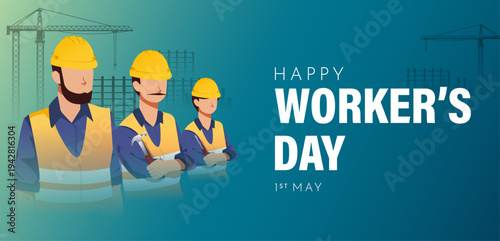 Labor Day Poster With Group of Construction Worker and Building Crane Background. International Workers Day Illustration