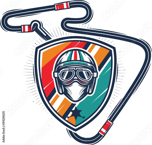 Retro Motorcycle Helmet and Goggles Emblem with Race Track.