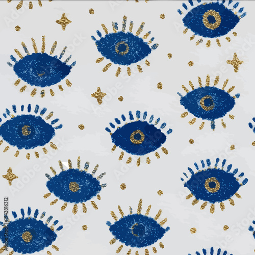 isolated clipart image of watercolor geometric blue gold foil handpainted evil eye repetitive pattern linocut vector icon monochrome simple logo