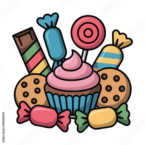 A colorful illustration of assorted candies and sweet treats