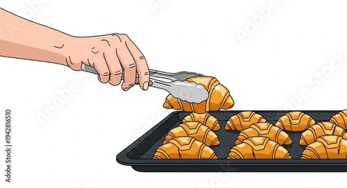 Hand Removing Croissant from Baking Tray.
