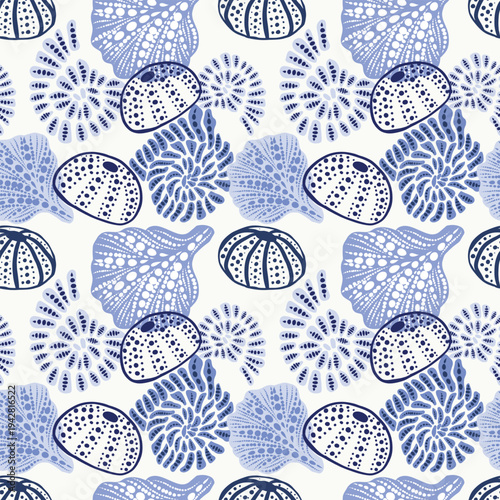 Seamless Indigo Marine Pattern for Luxury Resort Wear and Boho Textile Design. Pattern with artisanal sea urchin and ammonite motifs.