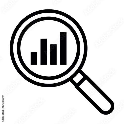 Magnifying glass icon with bar chart inside representing data analysis and business research.
