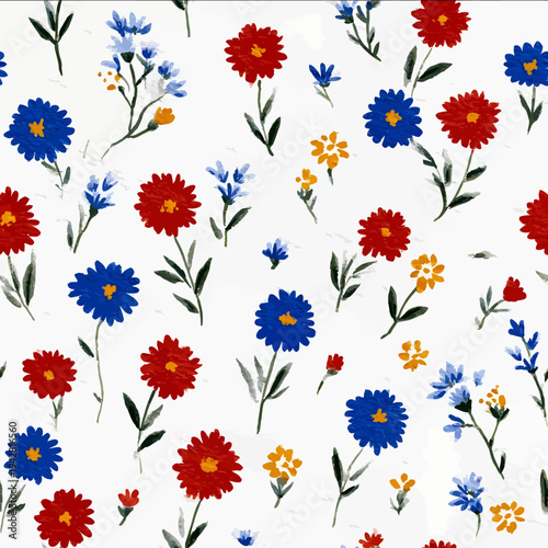 isolated clipart image of watercolor geometric wildflowers red blue yellow handpainted repetitive pattern linocut vector icon monochrome simple l