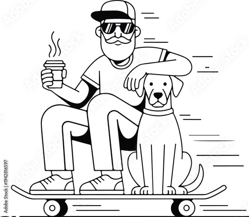A cool bearded man wearing sunglasses and a cap sits on a skateboard with his loyal dog