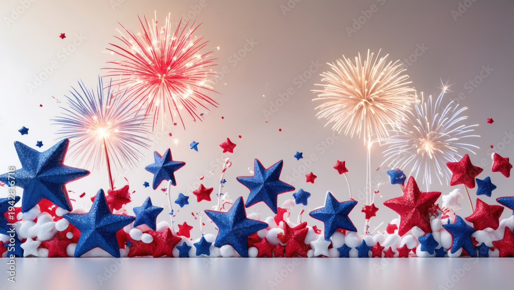 Obraz premium Displaying glittery red white blue stars and confetti on glossy tabletop, with fireworks backdrop