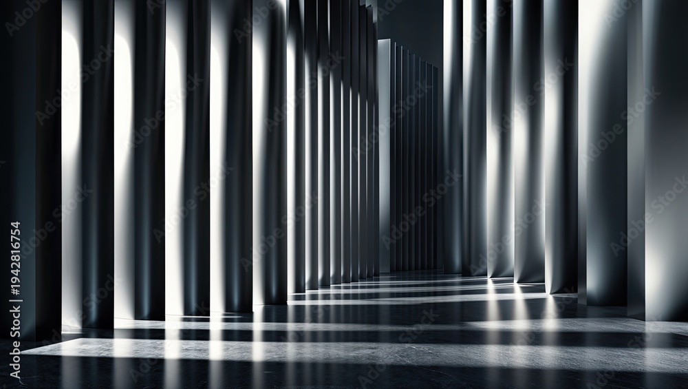 Fototapeta premium Drawing eyes along central corridor in gallery, with metallic columns, stone floor, light openings