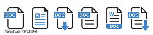 Set of DOC document file icons with download arrows