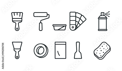 Set of DIY painting and decorating tools in outline style, including brushes, roller, tray, paint swatch, and spray can