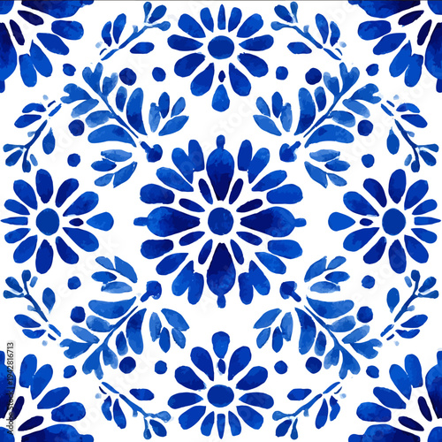 isolated clipart image of grids gouache blueand white borders strips floral folk geometric pattern tile vector icon monochrome simple logo for ki