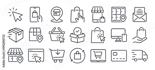 Set of e-commerce and online shopping line icons for digital business and retail logistics