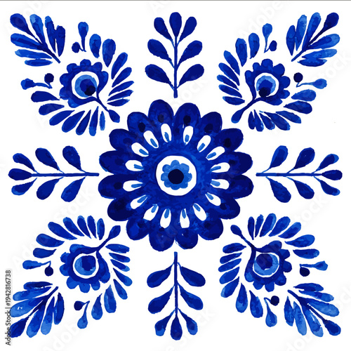 isolated clipart image of grids gouache blueand white borders strips floral folk geometric pattern tile vector icon monochrome simple logo for ki