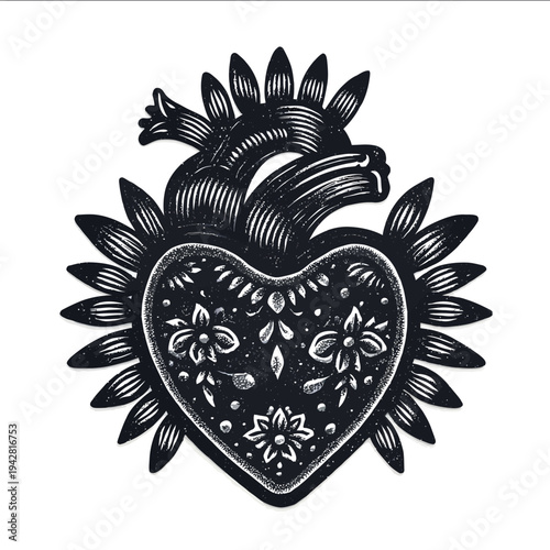 isolated clipart image of decorative Mexican sacred heart linocut sticker vector icon monochrome simple logo for kids on a white background