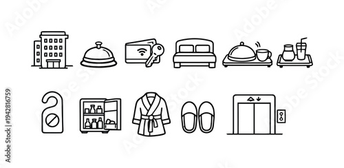 Set of hotel icons for hospitality industry services and amenities, flat design vector illustration