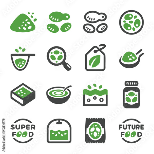 Set of icons depicting superfood ingredients and products with healthy lifestyle themes