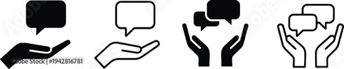 Set of human hands holding speech bubbles representing communication support and customer service feedback concepts