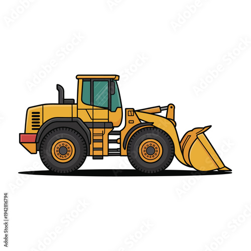 A cartoon-style illustration of a yellow front loader machine