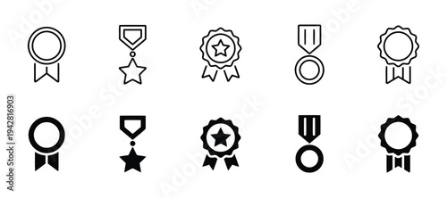 Set of line art and filled icons representing awards and achievements