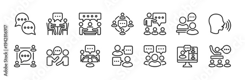 Set of line icons representing communication and teamwork in business meetings and collaboration