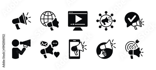 Set of marketing and advertising icons in solid black, representing promotion