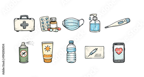 Set of medical and healthcare items like first aid kit, pills, mask, hand sanitizer, thermometer, spray, sunscreen, water bottle, syringe and smartphone