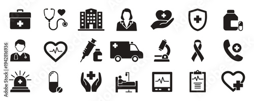 Set of medical and healthcare icons including doctor, hospital, and equipment