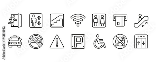 Set of modern line icons for public spaces like elevators, stairs, and restrooms