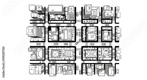 Aerial view of a city block map with buildings and streets.