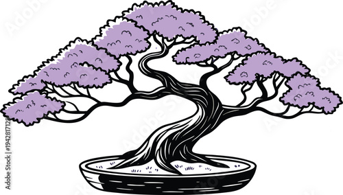 Bonsai tree illustration featuring purple blossoms and a curved trunk in a ceramic pot isolated on a white background for zen design projects.