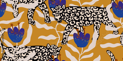 Seamless Leopard and Floral Jungle Pattern