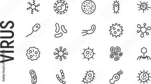 Set of vector icons representing various viruses and bacteria in a linear style