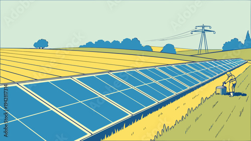 Solar panel farm vector illustration showing a technician maintaining rows of photovoltaic cells in a rural field under a clear blue sky.