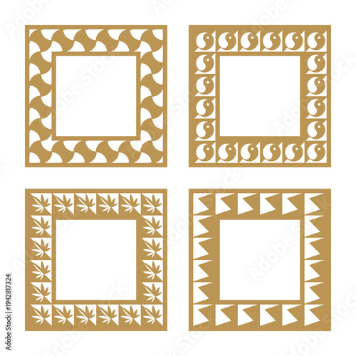 Set of decorative square frames with curved and abstract ornaments. Vector templates for laser cutting, CNC routing, stencil work, paper cut crafts and decorative wood panels.