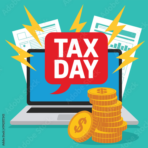 A cartoon illustration of a laptop with tax day paperwork and gold coins