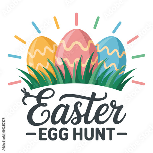 A colorful Easter egg hunt logo with decorated eggs in grass
