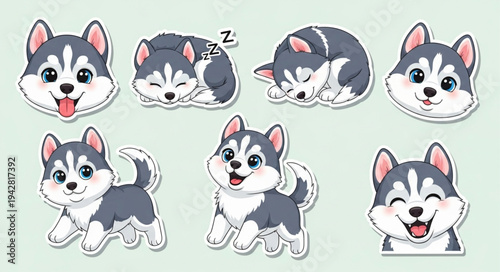 Cute Husky Puppies Various Poses and Expressions Sticker Pack.