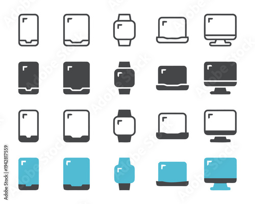 Set of responsive device icons including smartphone tablet smartwatch laptop and desktop computer in different styles