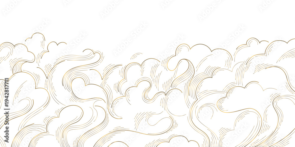 Fototapeta premium Elegant gold wave line pattern, white background, abstract Japanese curves and flowing shapes. Luxury vector design fluid lines, geometric deco elements, fancy ocean graphic.