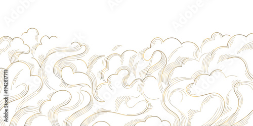 Elegant gold wave line pattern, white background, abstract Japanese curves and flowing shapes. Luxury vector design fluid lines, geometric deco elements, fancy ocean graphic.