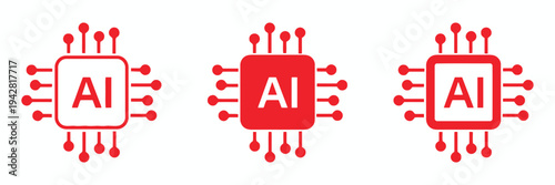 Set of three red AI processor icons with radiating circuits on white background
