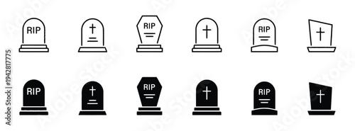 Set of tombstone and RIP icons representing death and memorial themes