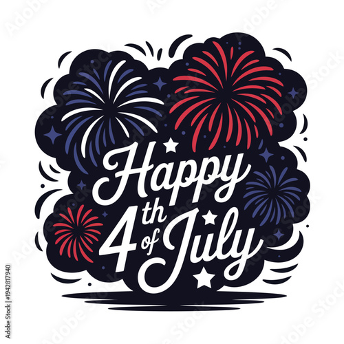 A colorful graphic illustration celebrating the 4th of July with fireworks and patriotic text