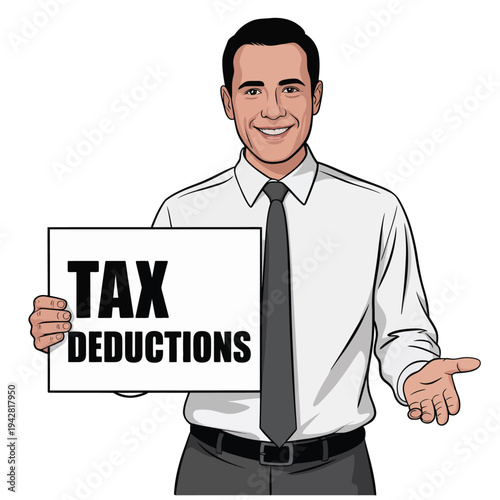 A smiling businessman holding a sign about tax deductions