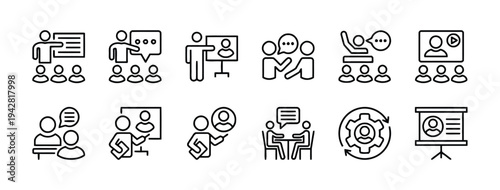 Set of vector icons representing presentations and meetings for business and education