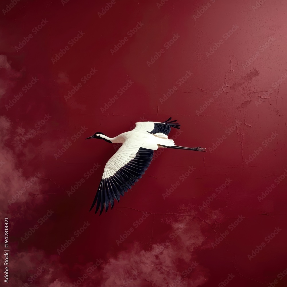 Fototapeta premium White crane soars against deep crimson sky