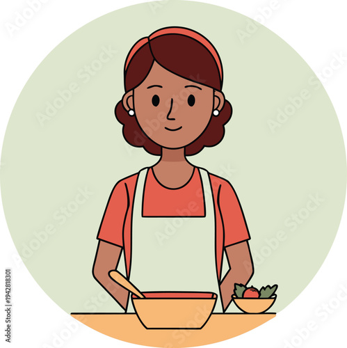 Smiling female chef character in apron preparing food with bowl