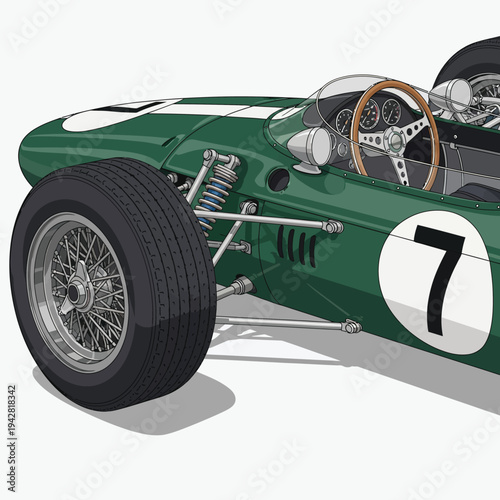 Vintage Green Racing Car CloseUp Detail.