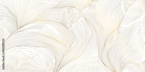 Elegant gold wave line pattern, white background, abstract Japanese curves and flowing shapes. Luxury vector design fluid lines, geometric deco elements, fancy ocean graphic.
