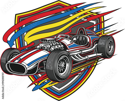 Vintage Hot Rod Race Car with Flames and Shield.