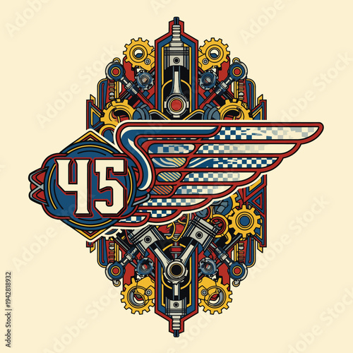 Vintage Motorcycle Emblem with Wings and Gears.